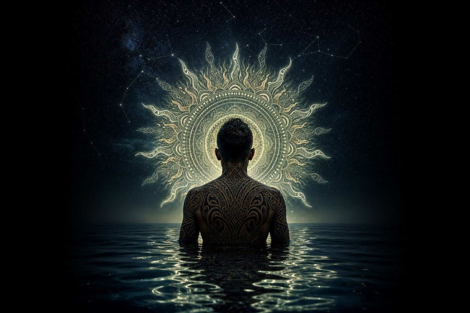 Expérience shamanique — mandala lumineux dans un ciel étoilé